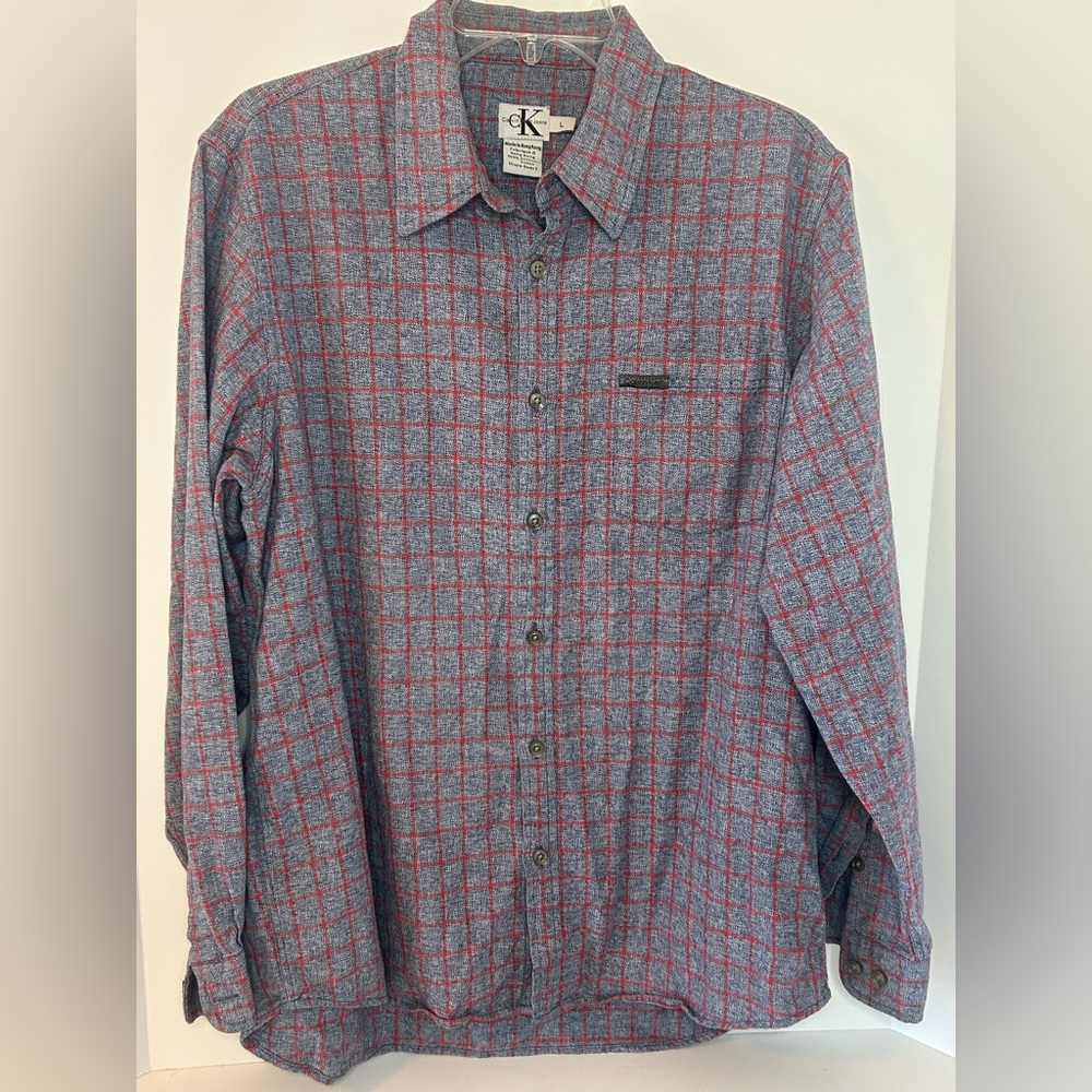 Calvin Klein mens VINTAGE long sleeve grey red check cotton shirt size Large